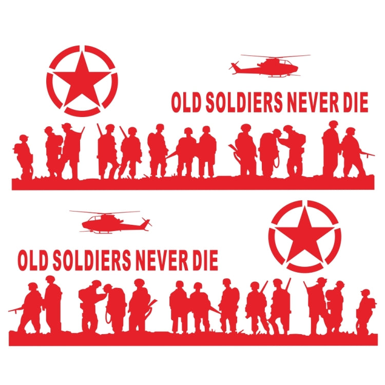 Car decal set with red soldier silhouettes, star emblems, helicopter, and 'Old Soldiers Never Die' text
