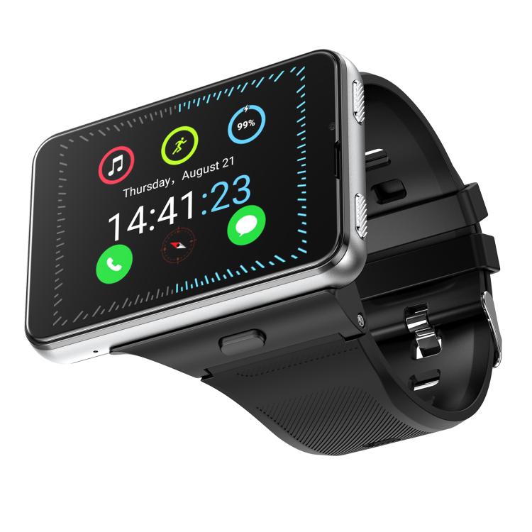Silver smart watch with black band, side view of case and clasp