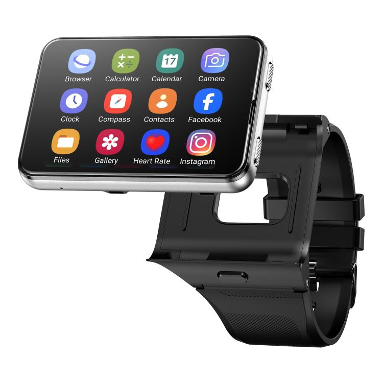 Silver smartwatch showing app icons on screen with black adjustable wrist band