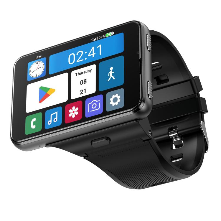 Silver smartwatch with blue home screen and black band, angled view