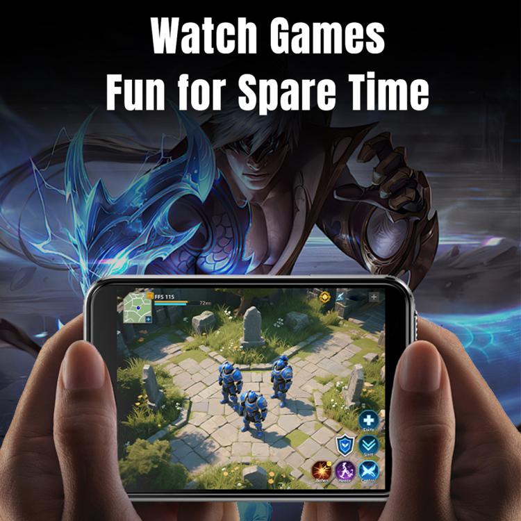 Black smartwatch held in hands showing a game map on the screen