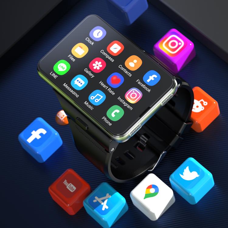 Black smartwatch showing app icons grid on the touchscreen display