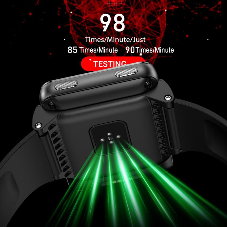 Black smartwatch close-up with green laser light beams across the face