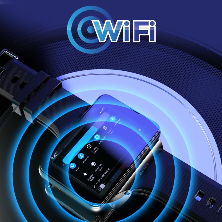 Black smartwatch with WiFi signal graphic and glowing display on screen