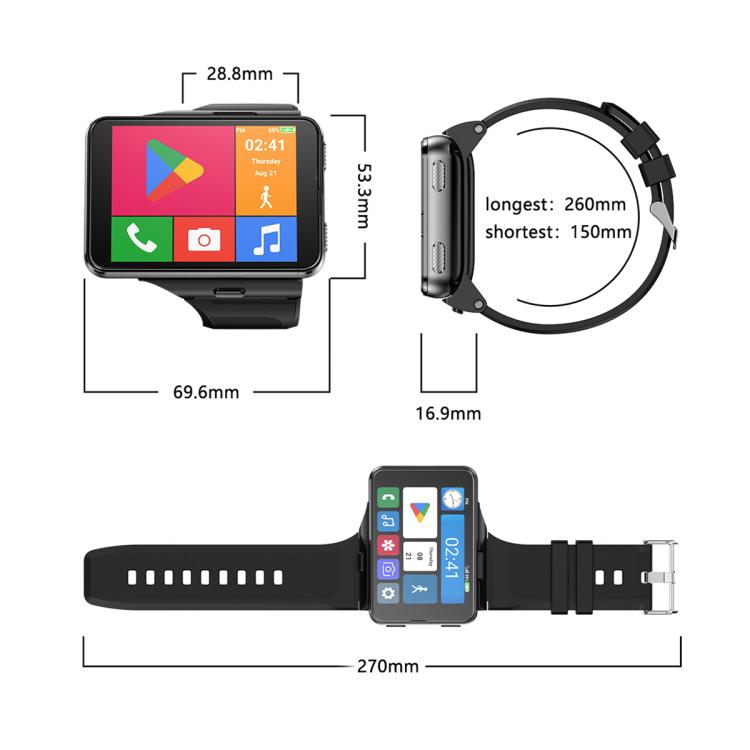 Smartwatch size diagram showing watch case dimensions and wrist band length