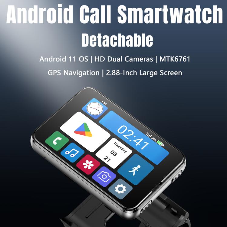 Silver smartwatch angled view with app icon home screen and black wrist strap