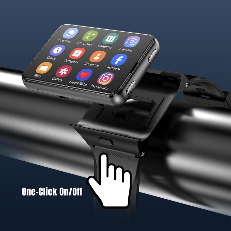 Silver smartwatch on strap with touchscreen app icons and tap gesture indicator