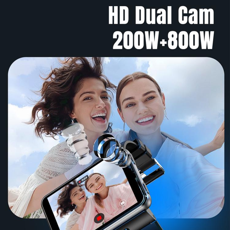 Silver smartwatch displaying HD dual camera preview on touchscreen with black band