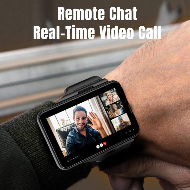 Smartwatch with black case on wrist, video call screen with video tiles