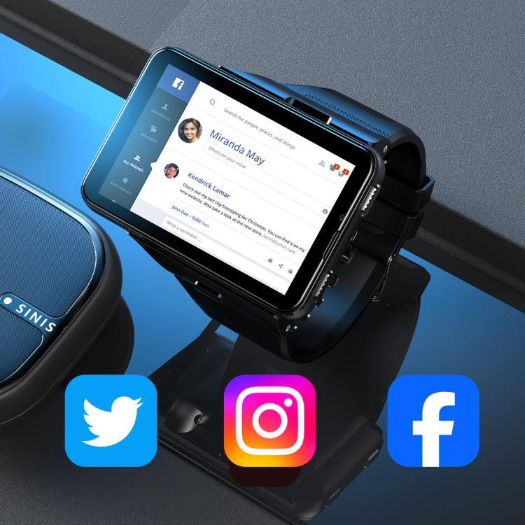 Black smartwatch displaying social feed and chat icons on its touchscreen