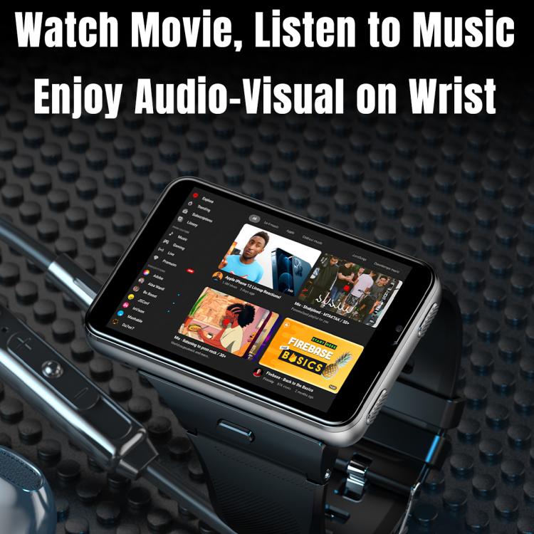 Silver smartwatch with colorful app screen and black adjustable wrist strap