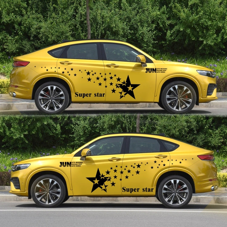 Black star pattern car decal set on yellow car doors and side skirts, 2 pieces.