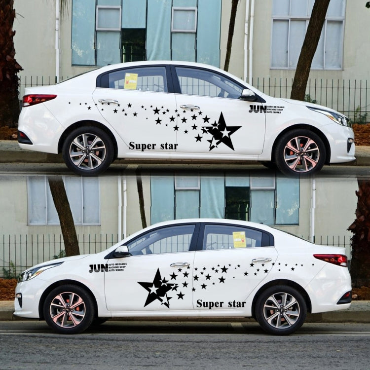 Black star pattern car decal set on white car doors and side panels, 2 pieces.