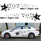 Black star pattern car decal set on white sedan doors, with “Super star” text, 2 pieces.