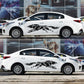 White car with black wolf totem side stripe decals, winged wolf graphic