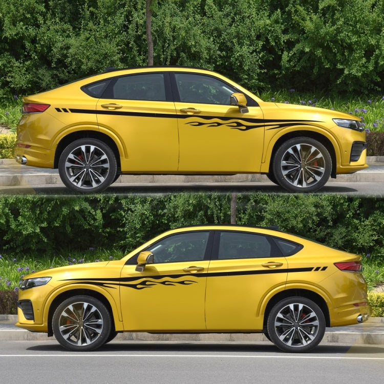Car side decal set of 2 flame-streak stickers on a yellow SUV, black stripe