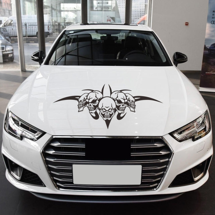 Skull tri-figure car hood decorative sticker, black graphic on white front hood