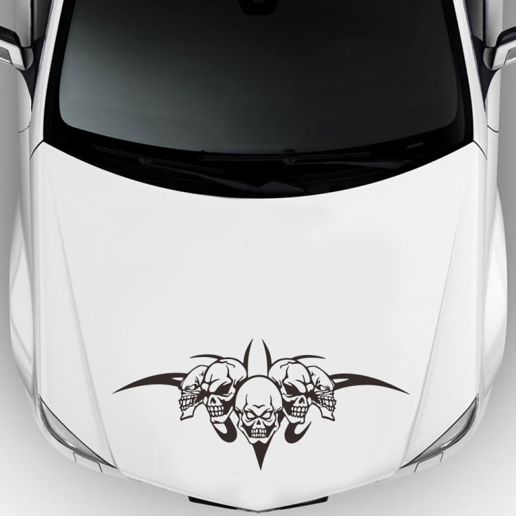 Close-up skull tri-figure car hood decorative sticker, black graphic on white hood