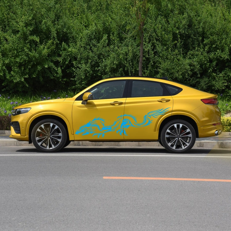 Yellow car side with blue dragon totem decal across the doors.