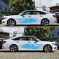 Blue grim reaper fish decal set on two white cars, two matching stickers shown.