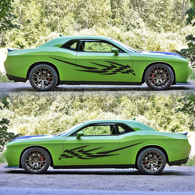 Car with two checkered totem lightning pattern decals in black on the side