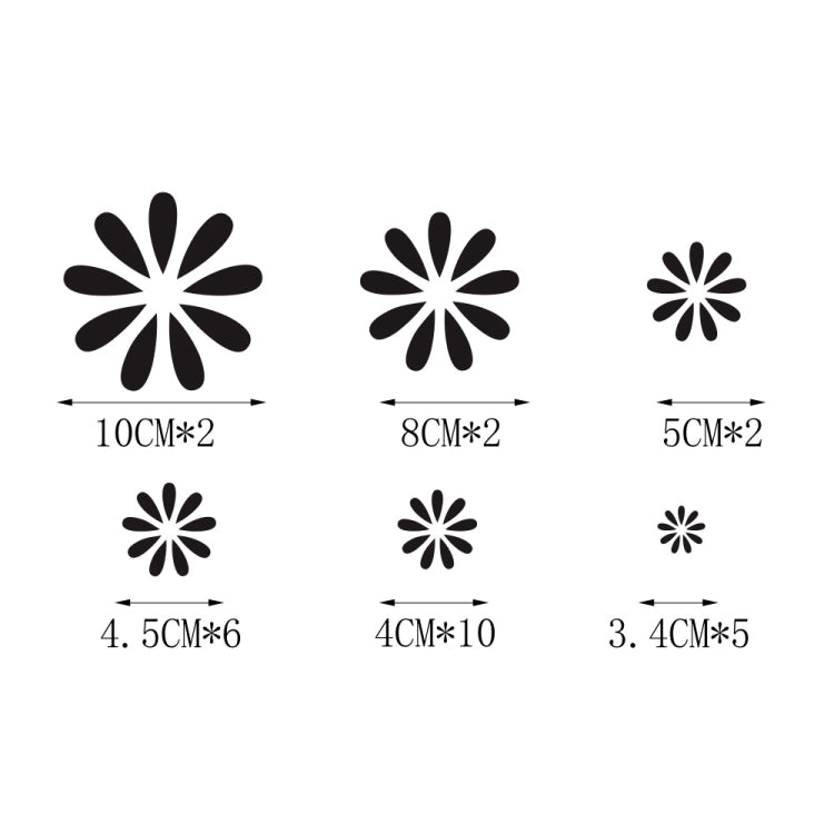 Car flower sticker set size chart with black daisy decals (10cm, 8cm, 5cm, etc.)