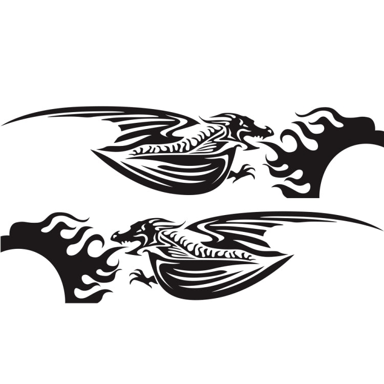 Car decal set with two winged dragon flame designs, black and white outline