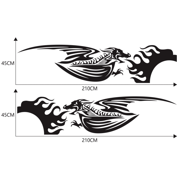 Car decal set with two winged dragon flame shapes, black design with sizing guides
