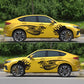 Car side decal set: winged dragon flame pattern in black on yellow car body