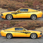 Two plaid side stripe car decals applied on a yellow coupe, grid pattern tips