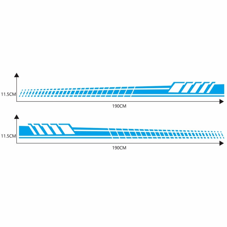 Blue striped totem car side decal set with size diagram, two long stripe strips