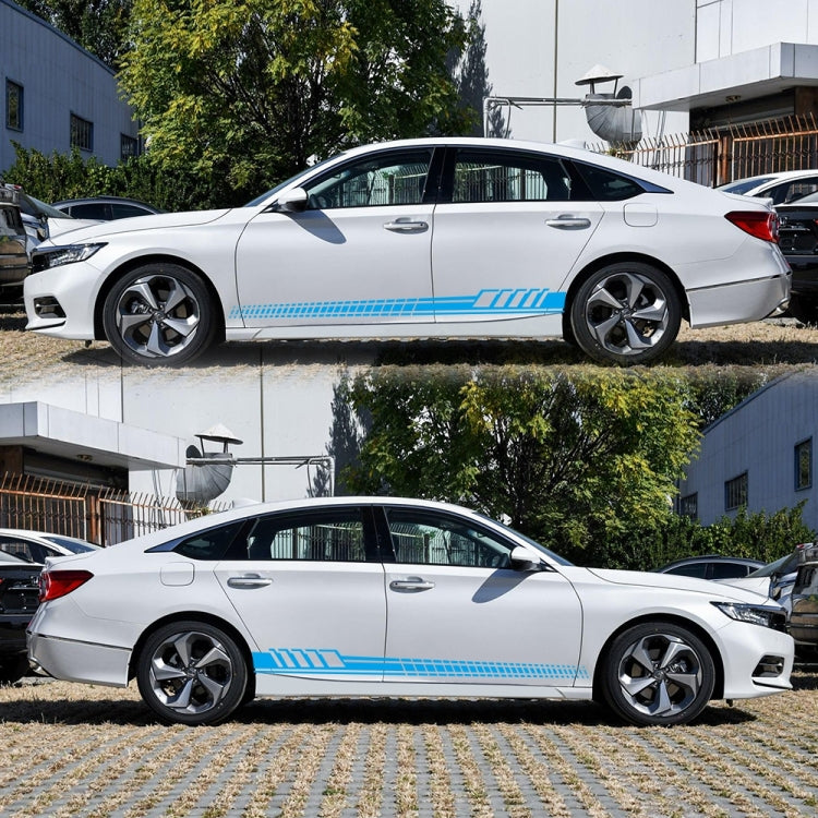 Blue striped totem car side decal set on white sedan, two long stripe graphics