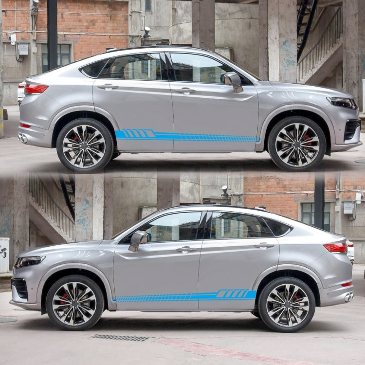 Blue striped totem car side decal set on silver SUV, two long stripe graphics