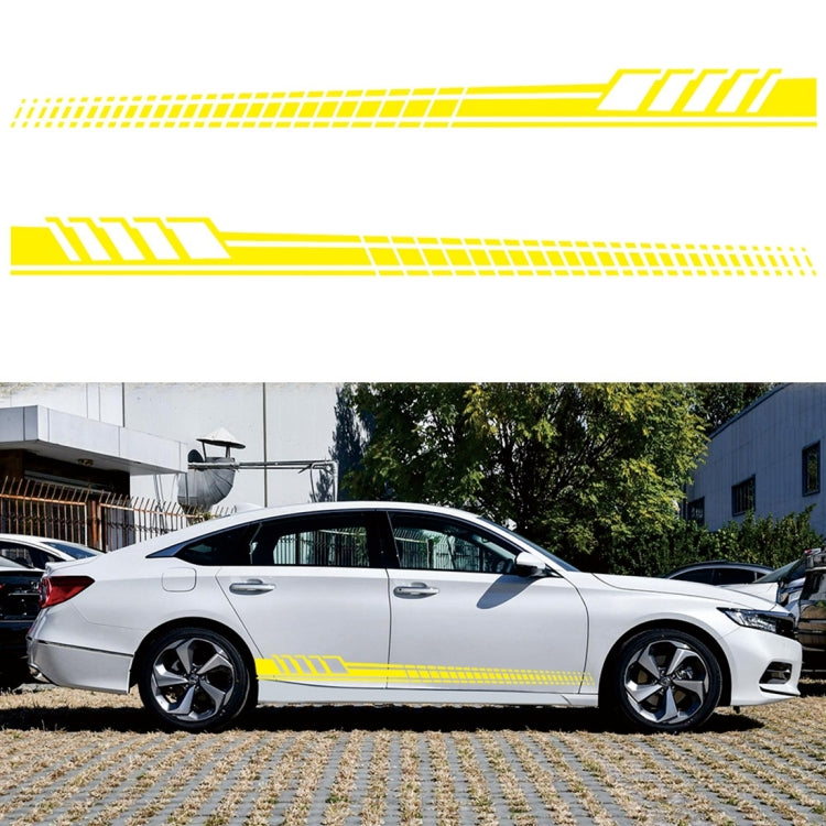 Yellow striped totem car side decal set on white sedan, two long stripe graphics