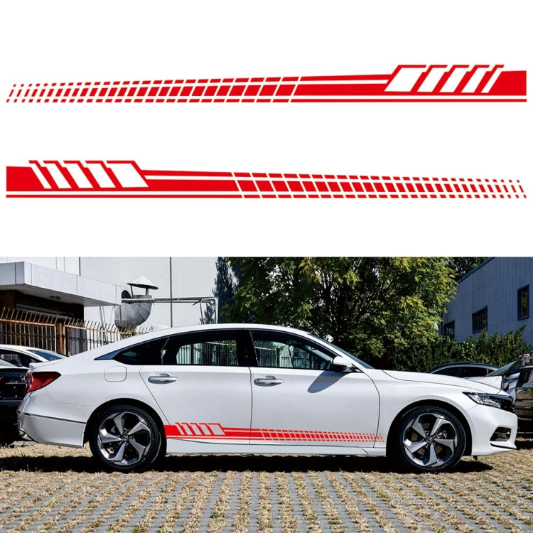 Red striped totem car side decal set on white sedan, two long stripe graphics