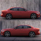 Stripe-pattern side decal on red sedan, black horizontal stripes with dotted chevron