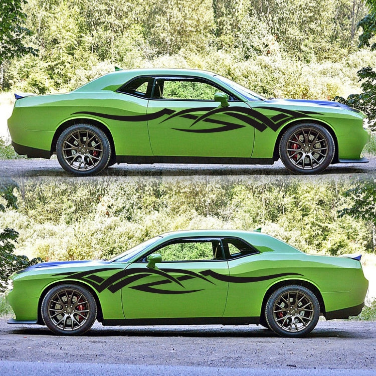 Green coupe with black D-731 totem pattern side decal stickers, two-piece set.