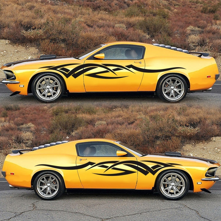 Yellow sports car with black D-731 totem pattern side decal stickers, two-piece set.