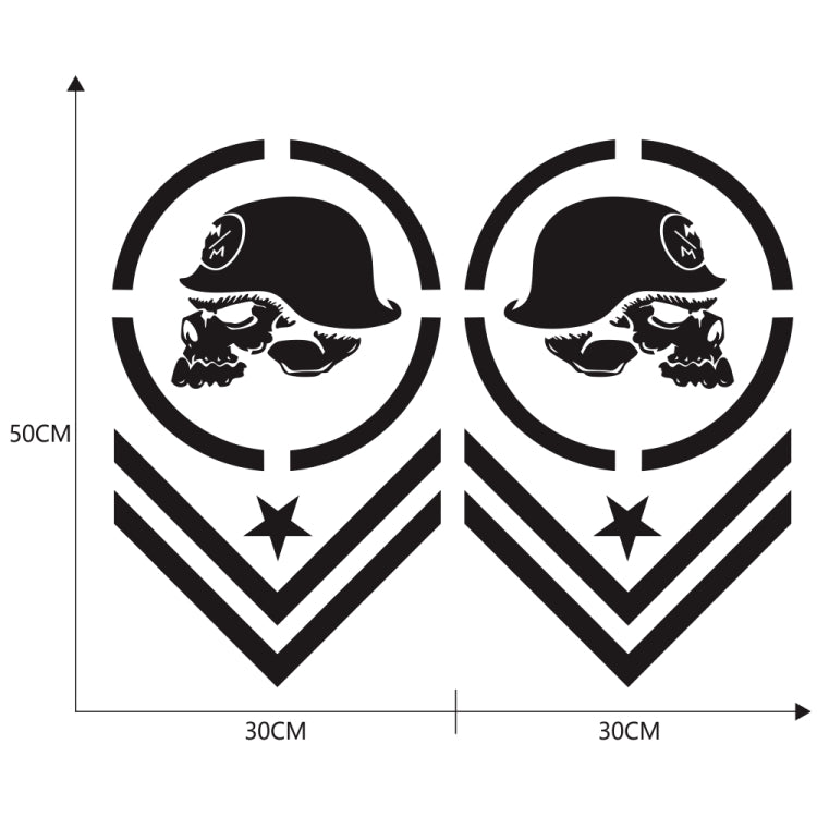 2-piece skull-pattern car sticker set with size guide, black circular emblem and chevrons (50x30 cm)