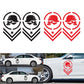 Skull-pattern emblem sticker set shown in black and red on cars, circular logo with chevrons
