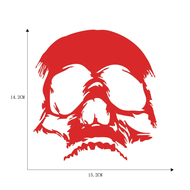 Red evil skull decorative sticker with white facial highlights on circular decal.