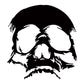 Black evil skull decorative sticker with white facial highlights on circular decal.