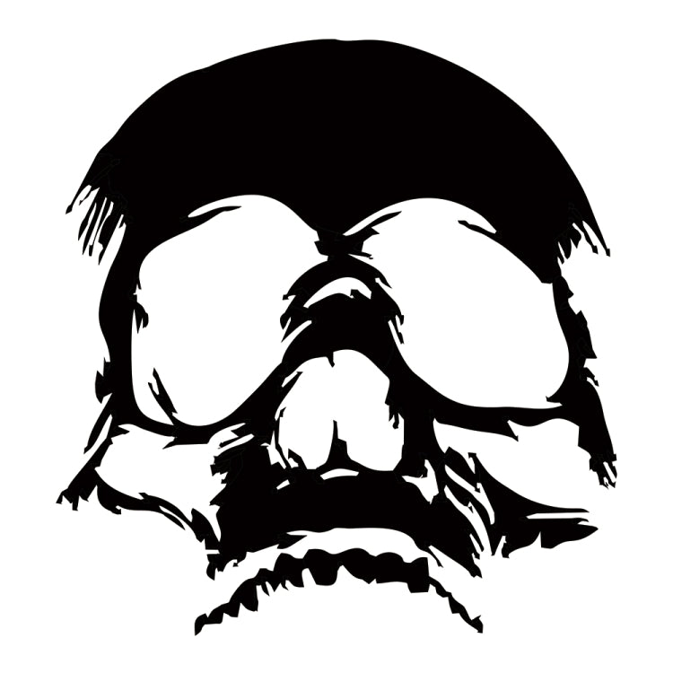 Black evil skull decorative sticker with white facial highlights on circular decal.