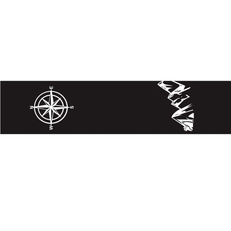 Compass decorative sticker: black strip with white compass rose and jagged graphic corner.