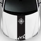 Compass sticker panel on white car hood: black vertical strip with white compass rose graphic.