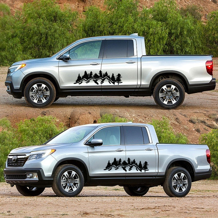 Car decorative sticker set, black mountain forest silhouette decals on a silver pickup, 2 pieces