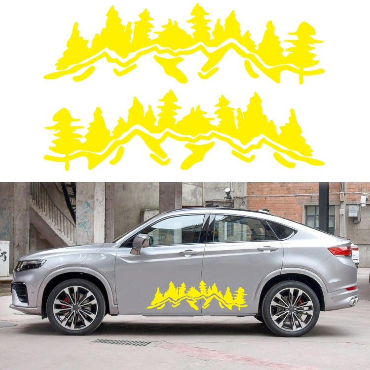 Car decorative sticker set, yellow mountain forest silhouette decals on a vehicle, 2 pieces