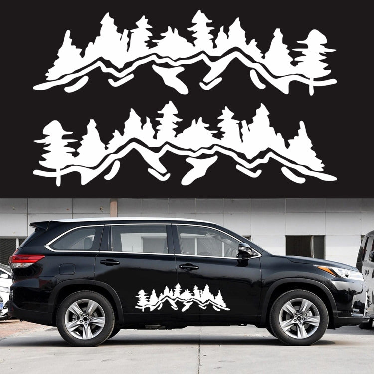 Car decorative sticker set, white mountain forest silhouette decals on a dark SUV, 2 pieces