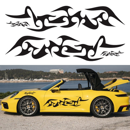 Flame pattern car sticker set with two black tribal decals on white background