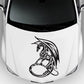 Black pterosaur swirl car hood sticker, close-up graphic of dragon